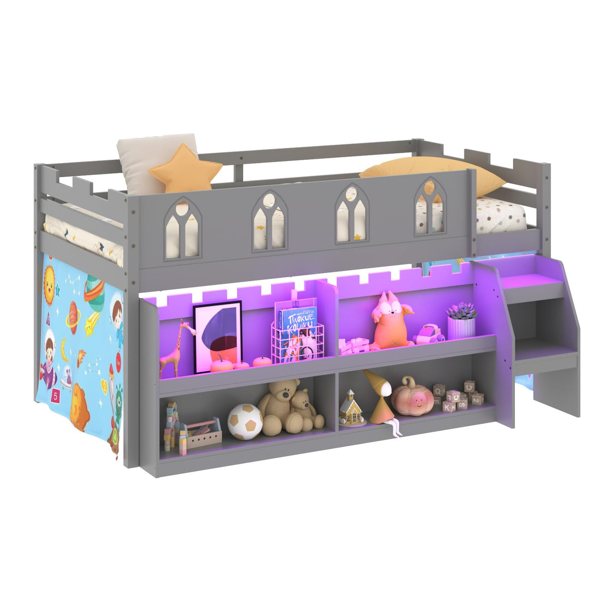 JOYMOR Low Loft Bed with LED Lights, Twin Loft Bed with Stairs, Safety Guardrail, Curtain, Wooden Bed Frame for Kids with Storage Bookcase and Under-Bed Play Space (Gray) JOYMOR