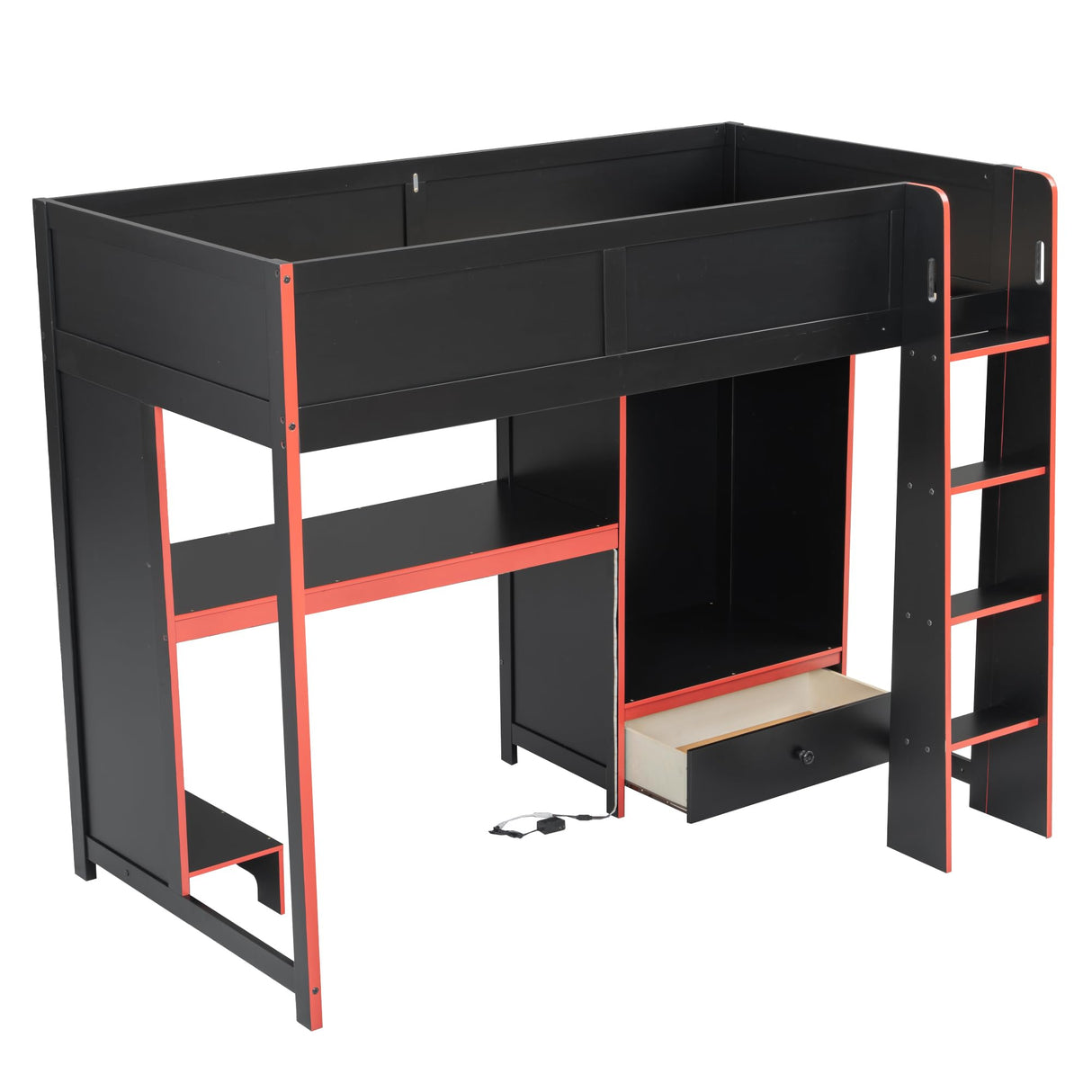 SOFTSEA Twin Gaming Loft Bed with Desk & Lights, Wood Loft Bed with Storage Wardrobe and Drawer, Loft Beds with Desk for Kids Teens Adults, Black + Red SOFTSEA