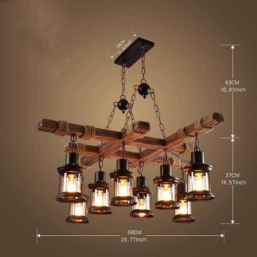 8 Lights Industrial Wooden Hanging Lighting Black Metal Chandelier Farmhouse Vintage Pendant Lamp Glass Lampshade for Pool Table Kitchen Island Bar Retro Ceiling Light Height Adjustable Fixture GHY