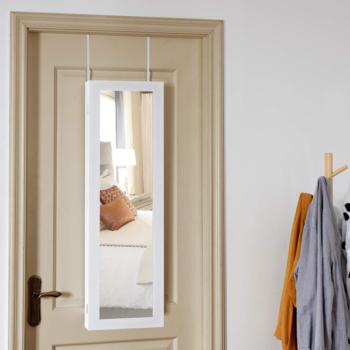 Giantex 12 LEDs Jewelry Armoire Wall Door Mounted, Jewelry Cabinet Organizer with Full-length Mirror, Ring Earring Slots Necklace Hooks and 5 Storage Shelves, Large Storage Capacity Giantex