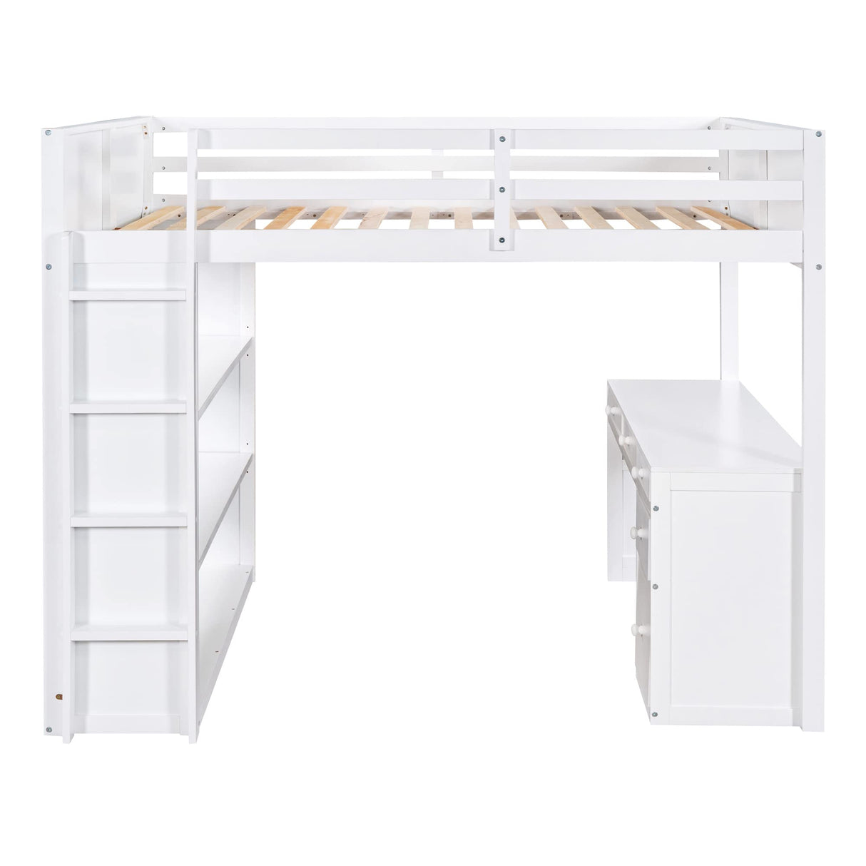 Polibi White Full Size Loft Bed with 5-Drawer Desk, Shelves, and Sturdy Ladder Polibi