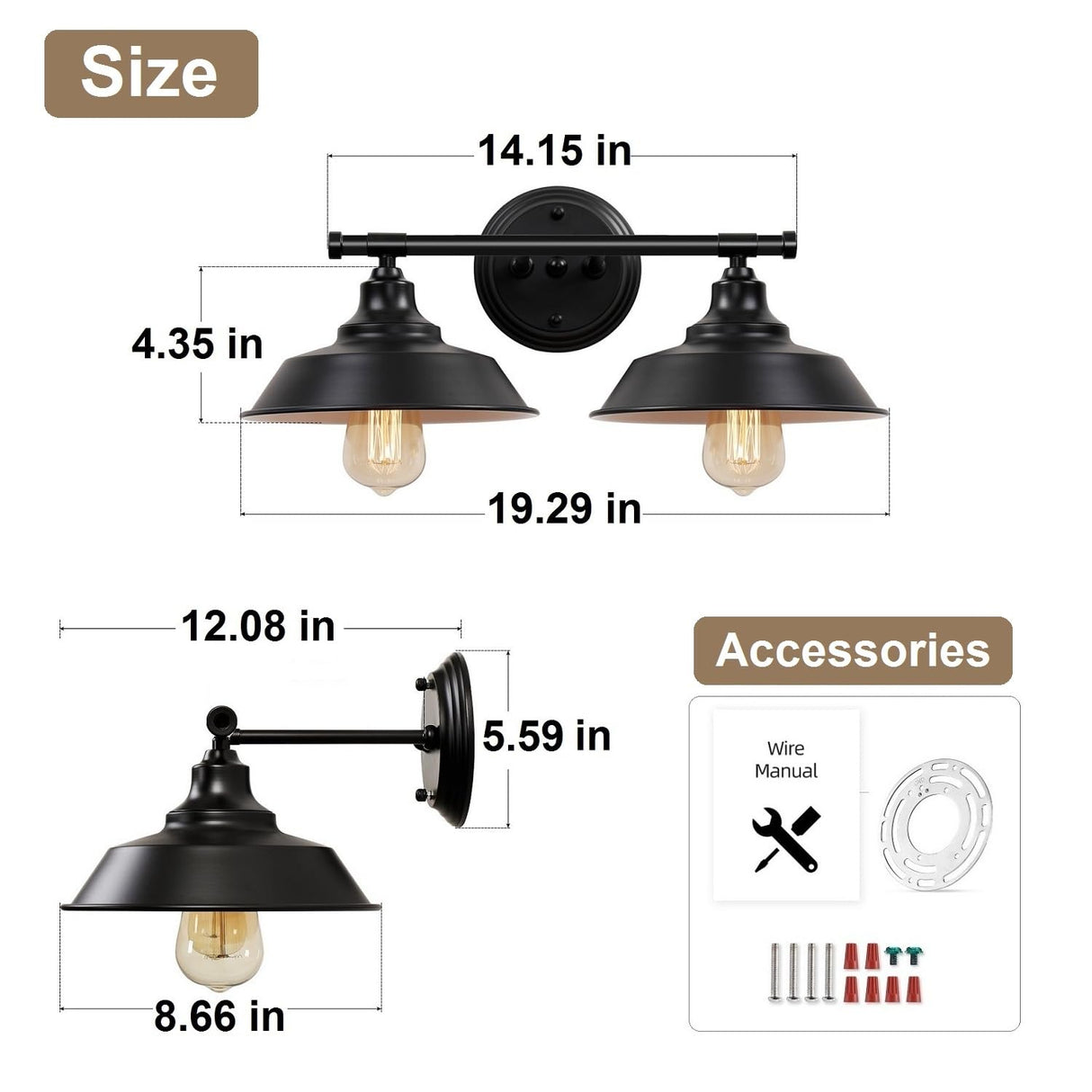 Adcssynd Farmhouse Vanity Light, 2-Lights Farmhouse Bathroom Light Fixtures Black Finish Metal, Rustic Vanity Lights for Bathroom, 20 Inch Wall Sconce Over Mirror Cabinet Adcssynd