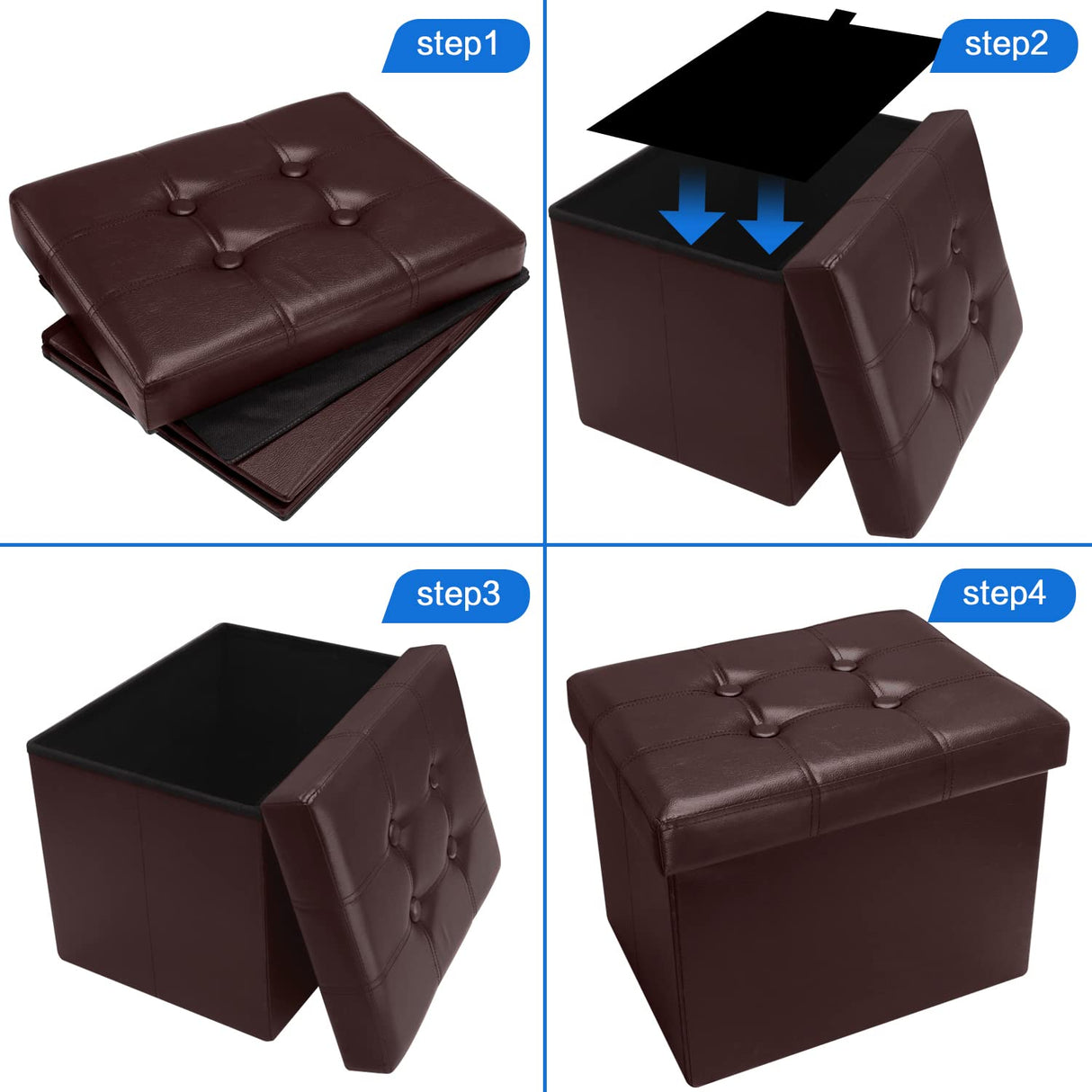 Bsketa Storage Ottoman, Folding Foot Stool with Thicker Foam Padded Seat Small Leather Storage Ottoman Bench Foot Rest for Living Room Foldable Coffee Table 17x13x13in,Brown Bsketa