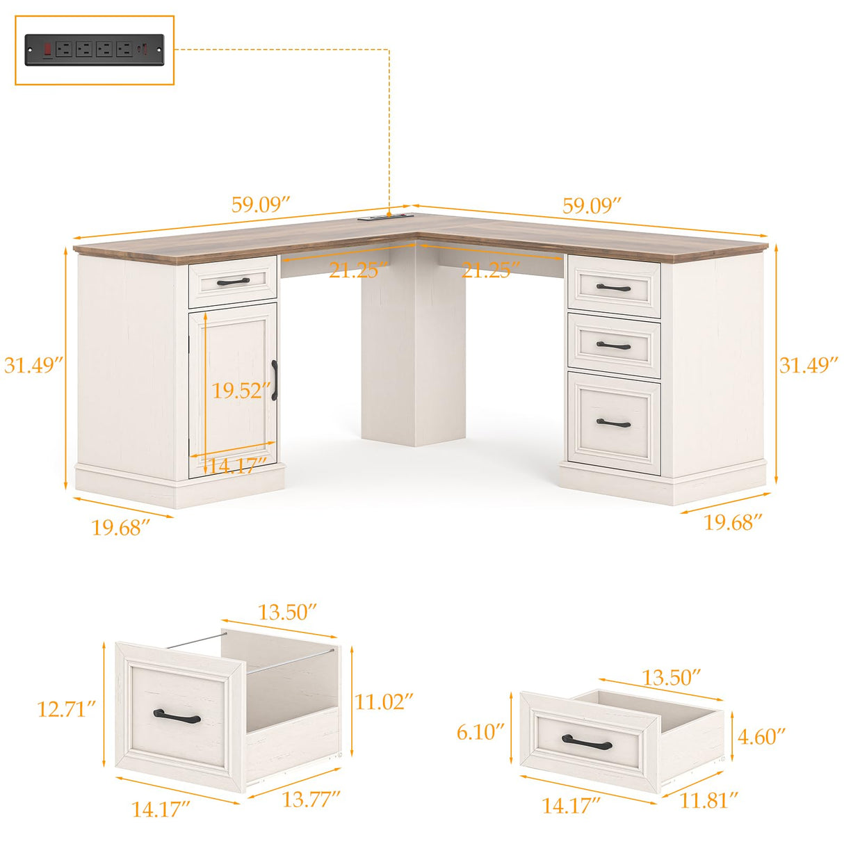 Farmhouse 59" L-Shaped Executive Desk with Drawers, Wood Home Office Corner Desk with Charging Station, File Drawer, Storage Cabinet, Rustic Computer Writing Desk for Home Office (Antique White). Vabches