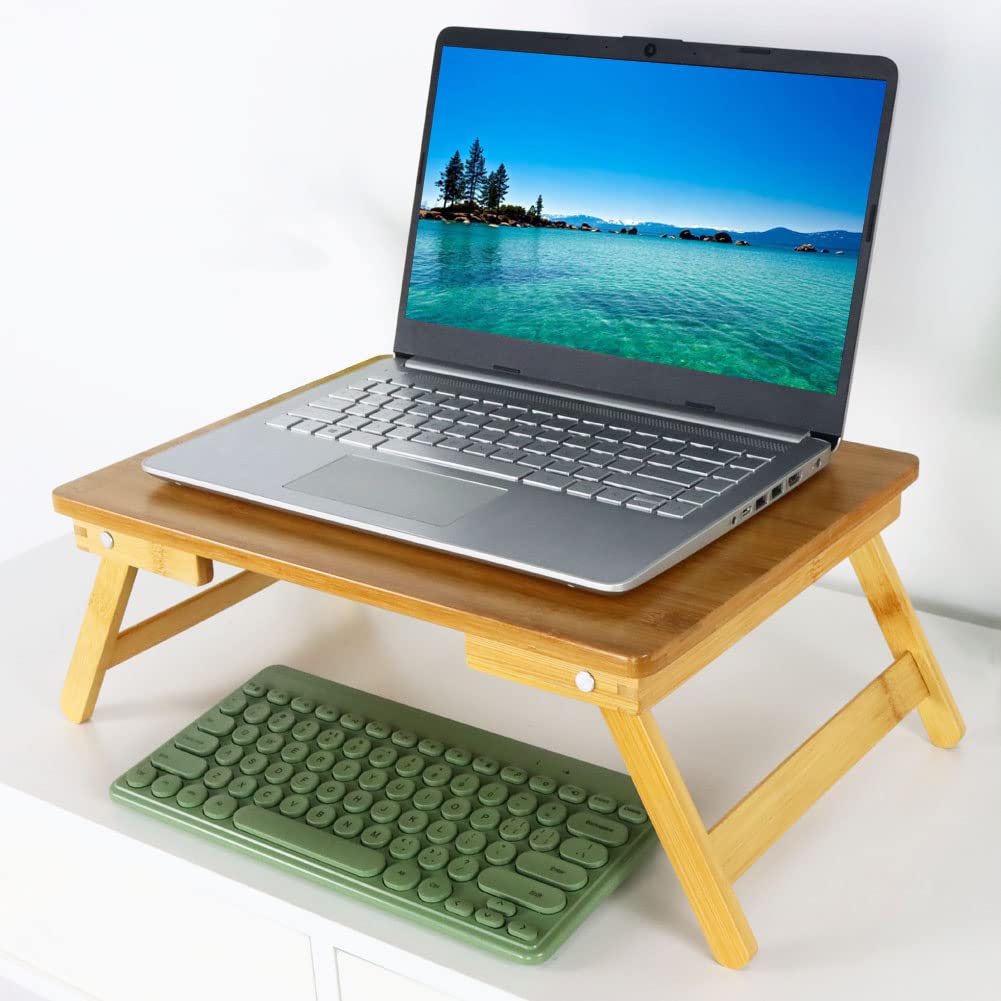 WKWKER 100% Bamboo Laptop Desk Flat Surface Lap Stand Table with Folding Legs Portable Table Bed Tray for Workstation Computer Writing Studio (Natural) WKWKER