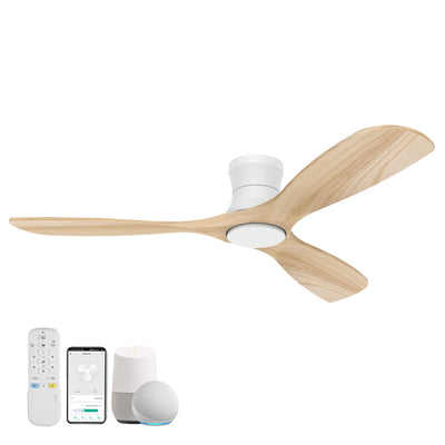 Livory Smart 52” Wood Flush Mount Ceiling Fans with Lights and Remote,Quiet DC Motor,Outdoor Indoor Ultra Low Profile Ceiling Fan works with Alexa WIFI APP,Modern White Ceiling Fan for Bedroom Patio