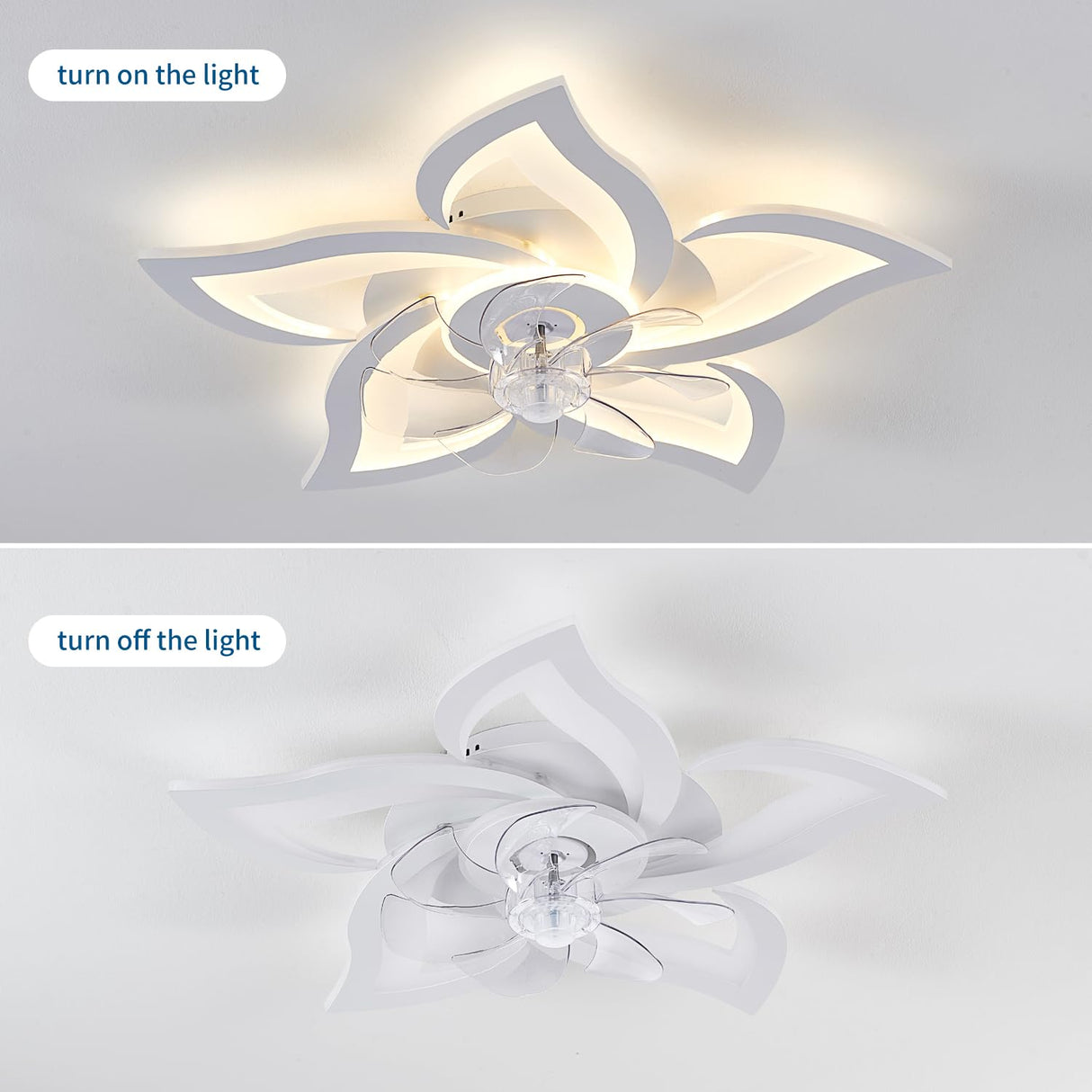 Ruibutrade White Flower Modern CeilingFans with Lights, Low Profile Ceiling Fan with Remote for Bedroom, Flush Mount Ceiling Fan with LED Dimmable Light,3-Colors, 6-Speeds, Timing Ceiling Fan Light Ruibutrade