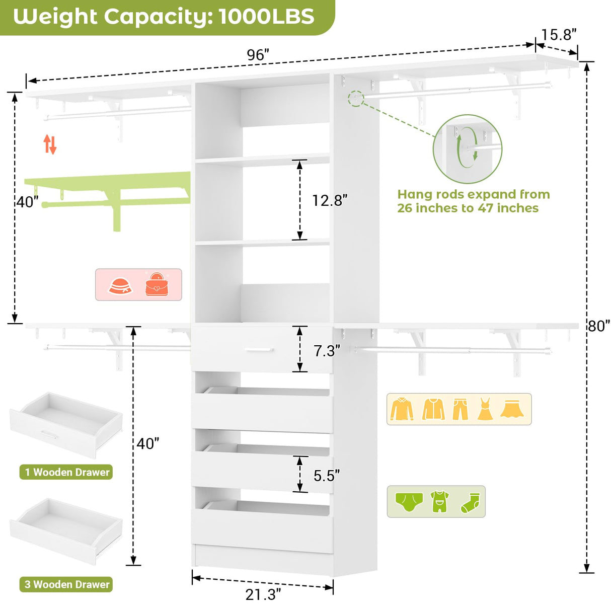 Aheaplus Closet System with 4 Drawers, 8FT Wood Closet Organizer System, 96’’ Closets Built In System Tower with Shelves, Walk-in Closets Wardrobe Clothes Garment Rack, Fits Spaces 4-9 ft, White Aheaplus