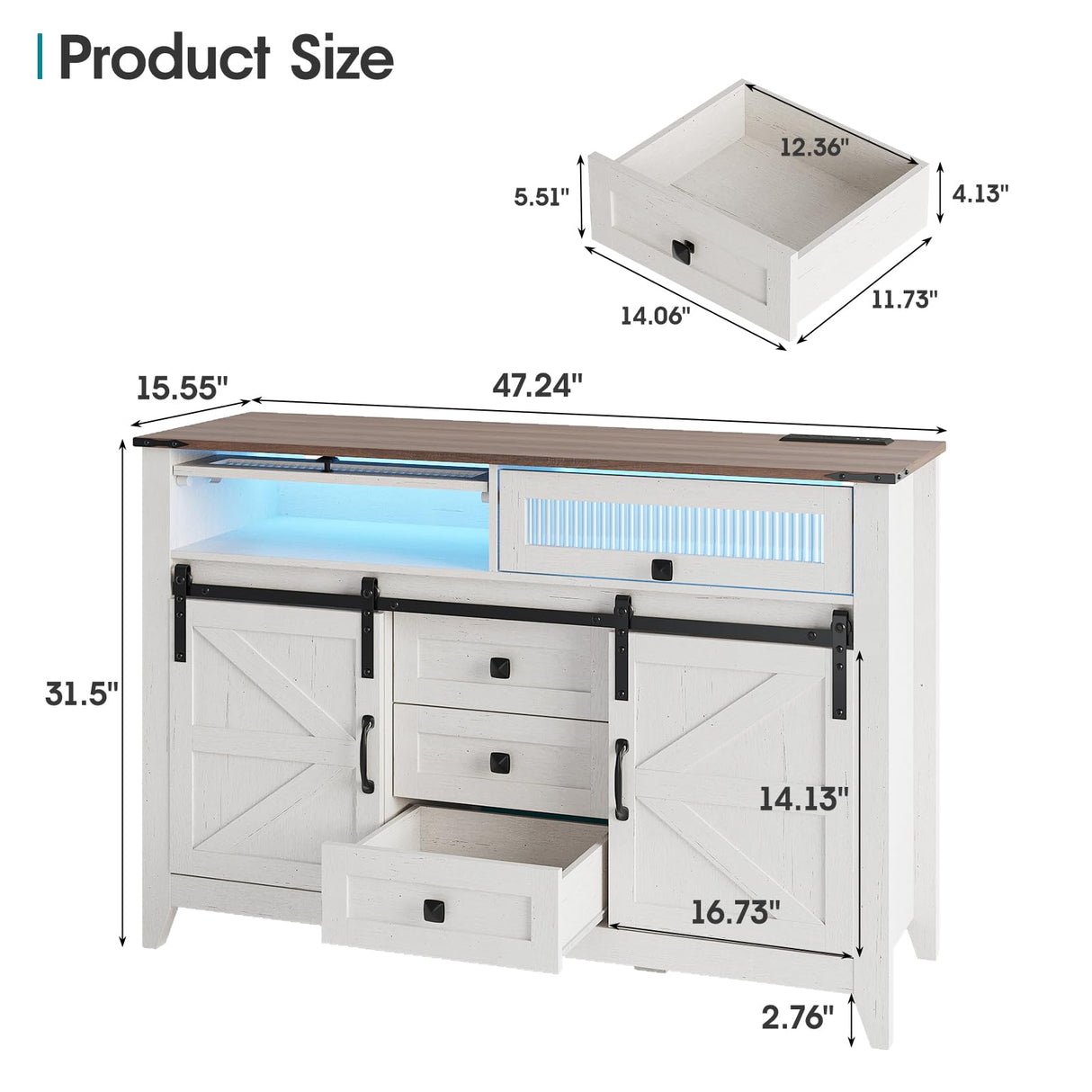 Maupvit TV Stand with Flap&Sliding Doors 47.24" W Television Table Stands with 3 Drawers,LED Lights and Charging Station,Wooden Dresser for Living Room,Hallway,Closet,Entryway,Bedroom,White Maupvit