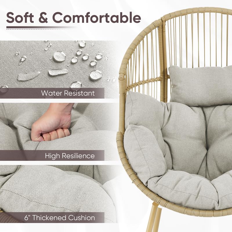 Belord Outdoor Wicker Egg Chair - 300 LBS Weight Capacity Single Patio Egg Lounge Chair with Water Resistant Cushion for Porch Balcony Sunroom, Yellow Wicker Beige Cushion Belord