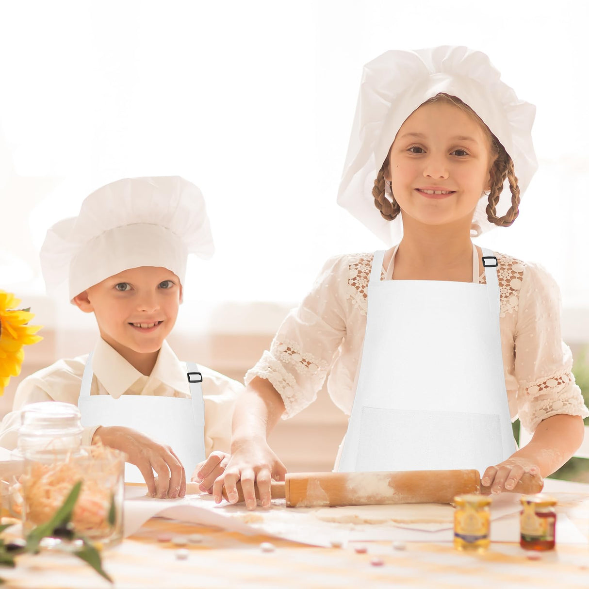 Morcheiong 8 Pack Adjustable Kids Apron Bulk with 2 Pockets Toddler Apron Kids Painting Aprons for Cooking Baking Painting Boys Girls (White) Morcheiong