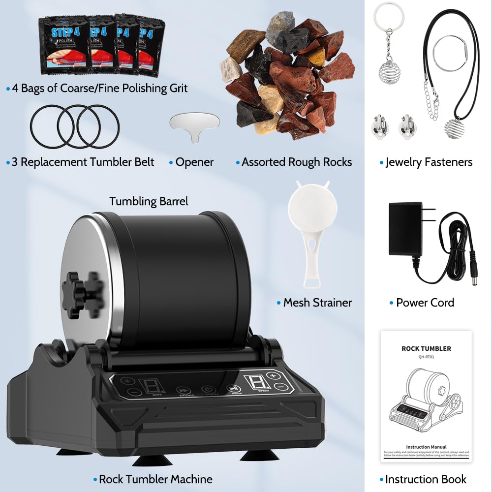 Rock Tumbler Kit 2.5lbs XL Barrel Rock Tumbler for Adults Kids Rock Polisher Tumbler Kit LCD Display 9-Speed Motor 9-Day Timer 2.5lbs Rough Gemstones 4 Polishing Grits Complete STEM Science Hobby Kit Acmeenjoy