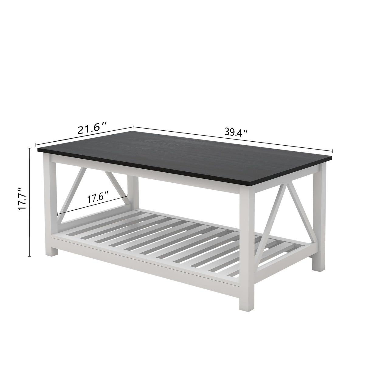 UYIHOME Farmhouse Coffee Table for Living Room, 2-Tier Rectangular Wooden Centre Cocktail Table with Slats Shelf Storage and V-Shaped Frame, Oak Blak UYIHOME