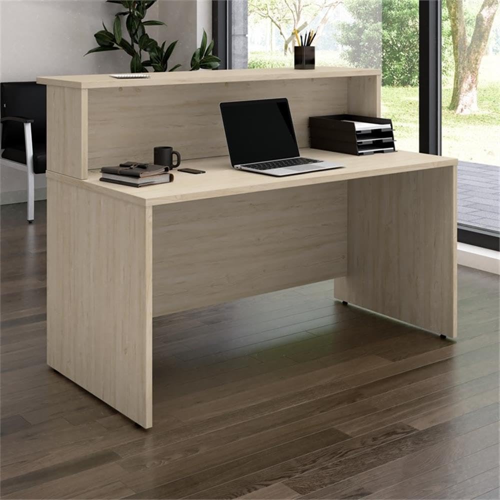 Bush Business Furniture Arrive 60W x 30D Reception Desk with Shelf in Natural Elm, Modern Receptionist Station for Office Waiting Room Bush Furniture