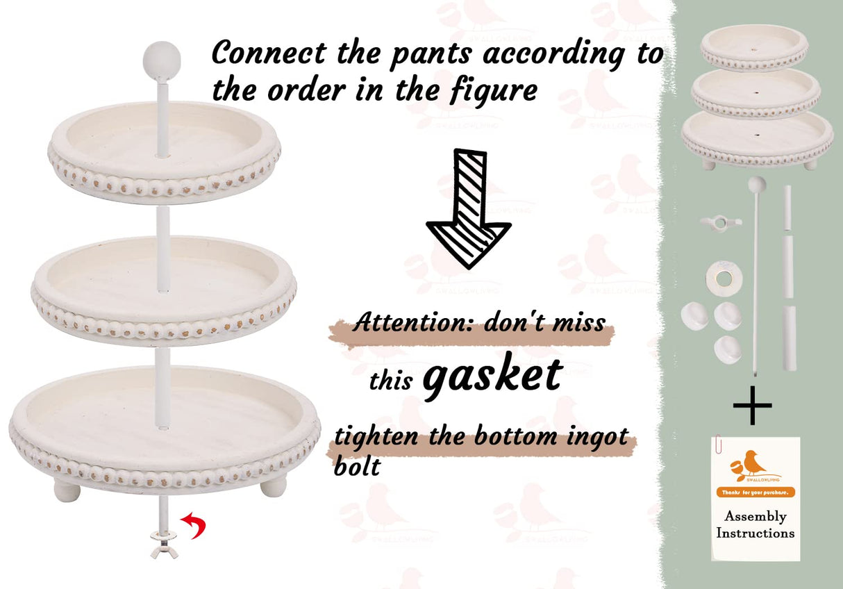 SwallowLiving Farmhouse 3 Tier Tray, White Three Tiered Tray Wood Stand with Shabby Chic Beaded for Home & Kitchen or Coffee Bar Decorations, 12.4 x 12.4 x 16.5 inchs SwallowLiving