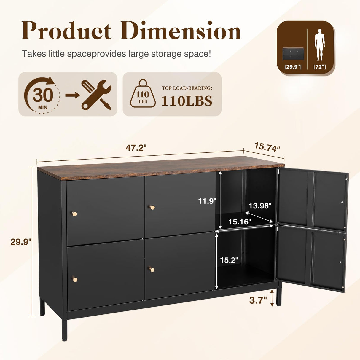 Letaya 6 Door Metal Storage Cabinet with Adjustable Shelf,Black Metal Locker Accent Storage Cabinet for Office,Music Studio,Entryway and Hallway Letaya