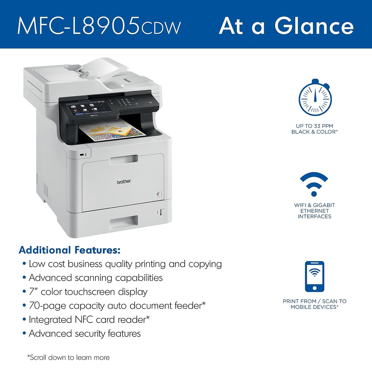 Brother MFC‐L8905CDW Business Color Laser All‐in‐One Printer, 7” Touchscreen Display, Duplex Print/Scan, Wireless, White Brother
