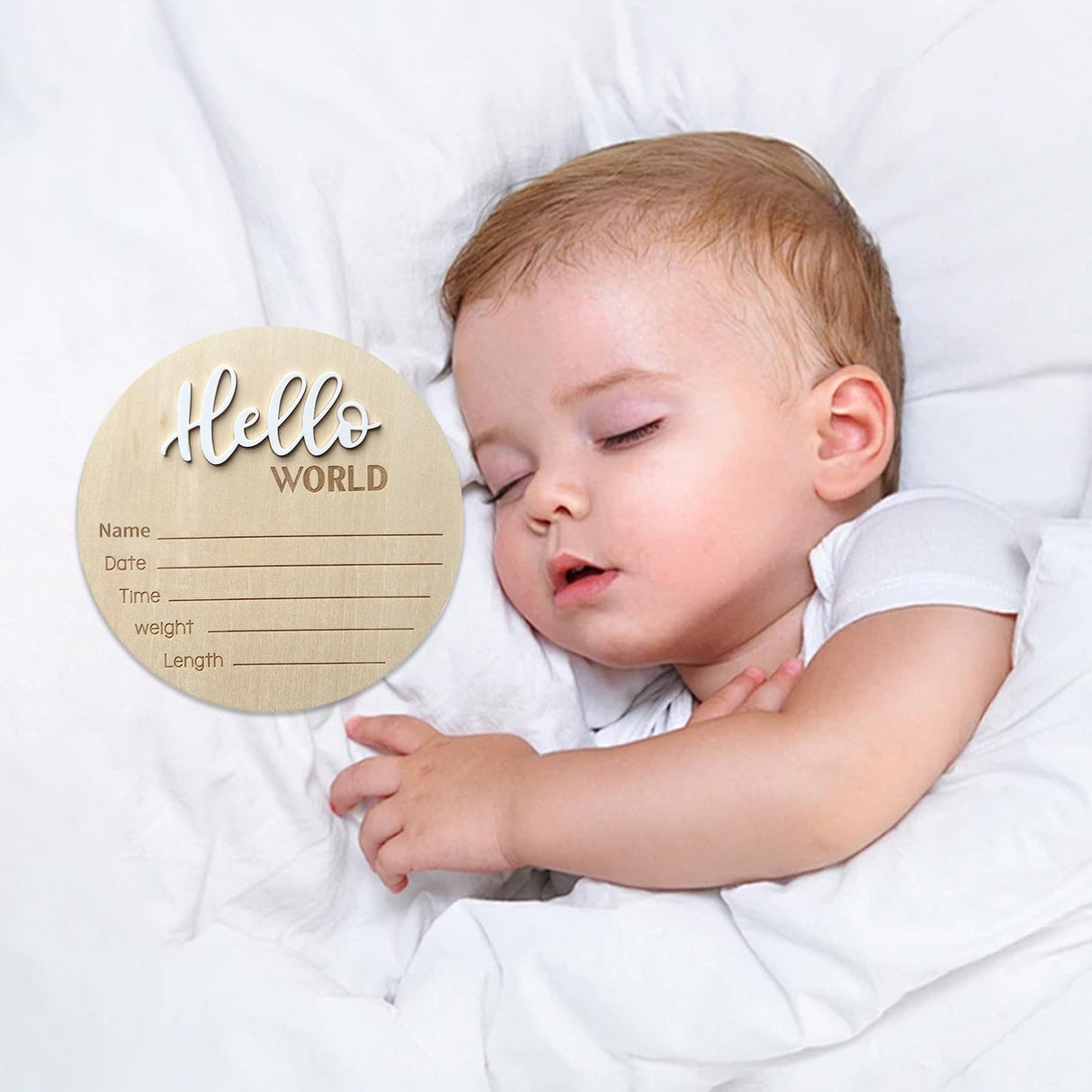 Baby Announcement Sign, 5.9 Inch Wooden Hello World Newborn Welcome Sign, Birth Announcement Sign for Hospital, Newborn Name Sign Plaques for Photo Props Baby Shower Nursery(White) LZEDIRA