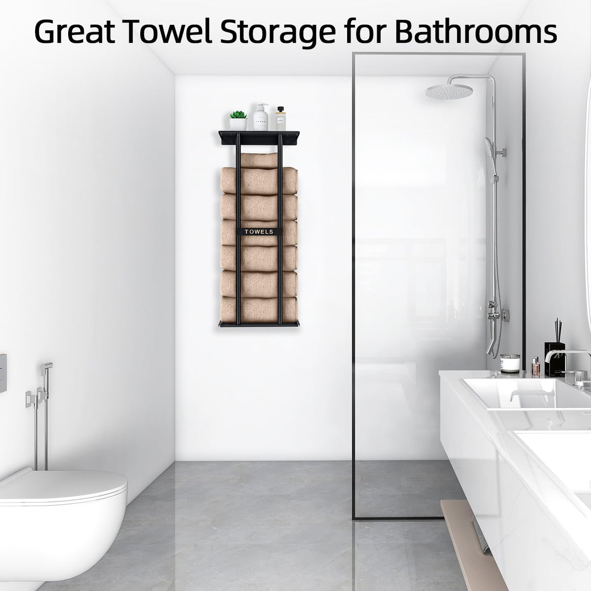 STWWO Bathroom Towel Storage Rack, Towel Racks for Bathroom Wall Mounted 30 inch with Shelf Can Holds 6 Large Towels, Wall Towel Rack for Rolled Towels, Black STWWO
