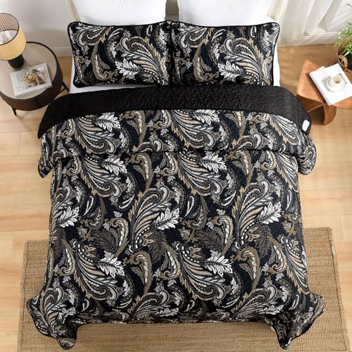 WONGS BEDDING Boho Quilt Set King,Black Paisley Floral Pattern Bedspread Coverlet Set with 2 Pillowcases,3 Piece Lightweight Microfiber Bohemian Quilt Bedding Set 104"×90" WONGS BEDDING