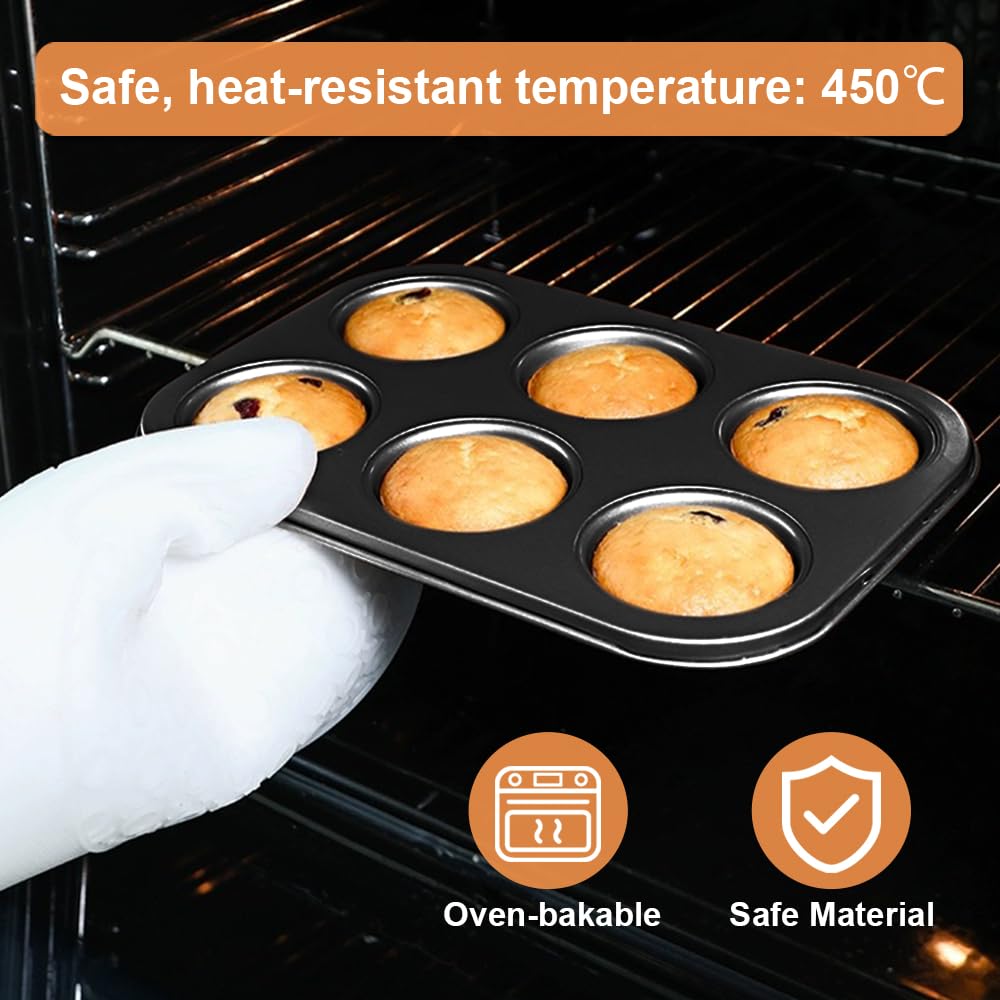 ASBAYSON 2 Packs Premium Steel Muffin Pan for Baking, Round Muffin Baking Pan, Baking Tray for Muffins, Cupcakes, Brownie(Black, 6 Cup) ASBAYSON