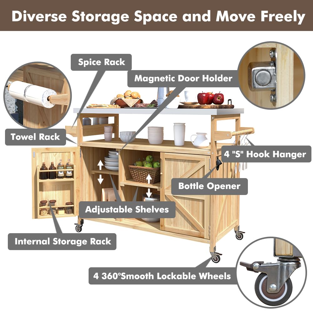Bennbari Outdoor Kitchen Island, Rolling Kitchen Island with Storage, Farmhouse Solid Wood Kitchen Cart on Wheels, Outdoor Grill Table with Stainless Steel Top, 50 Inch Width (Natural) Bennbari