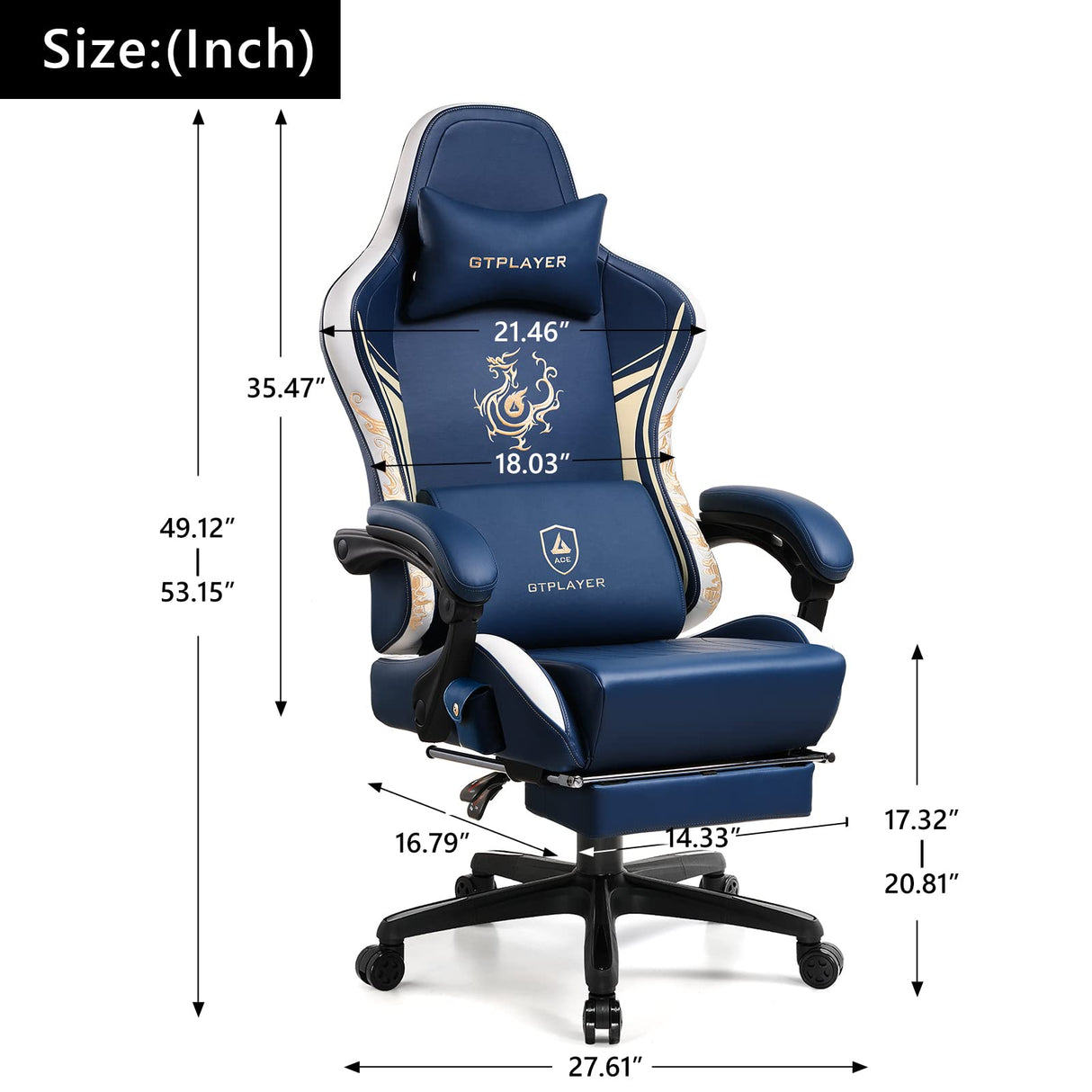 GTPLAYER Gaming Chair with Bluetooth Speakers and Footrest, Dragon Series Video Game Chair ,Heavy Duty, Ergonomic, Esports Computer Office Chair Blue (Royal Blue) GTPLAYER