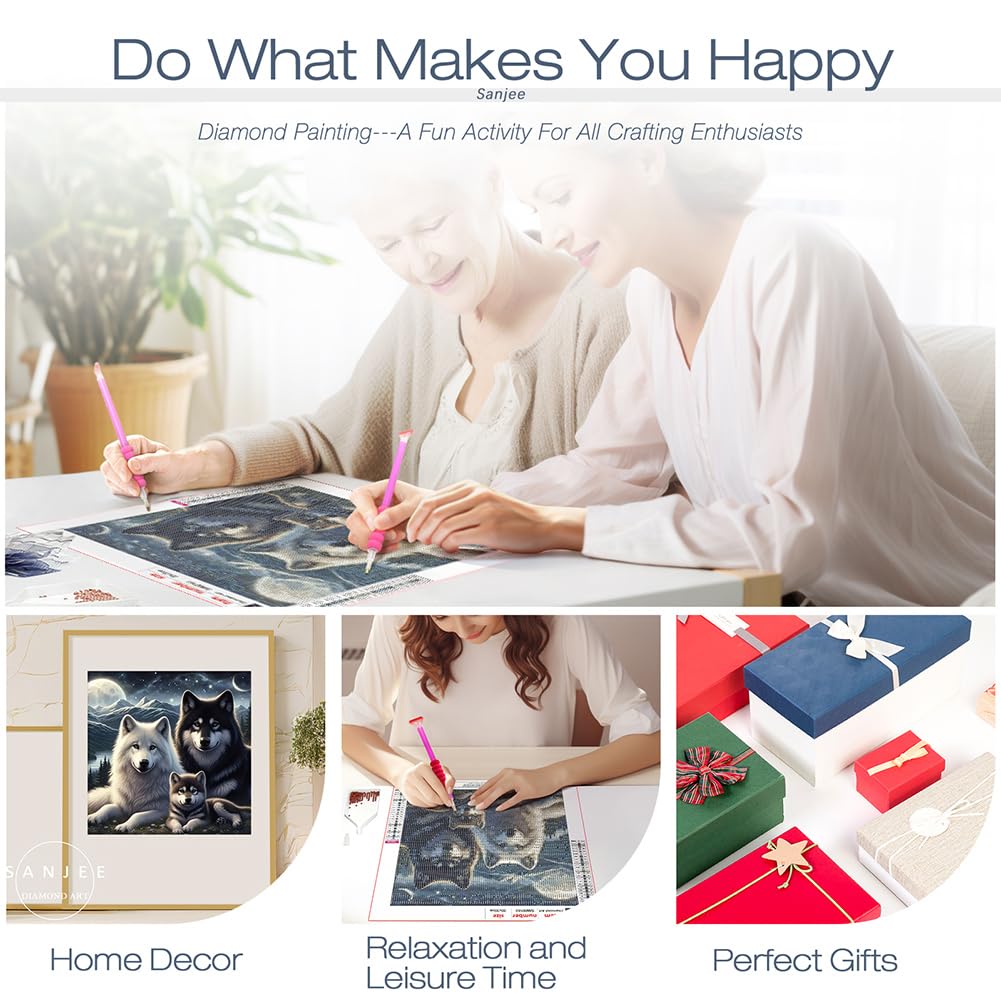 Sanjee Wolfs Diamond Art Painting Kits for Adults, Diamond Art Kits for Beginner, 5D DIY Round Full Drill Gem Art Crafts for Home Wall Decor Gift, 12x12inch Sanjee