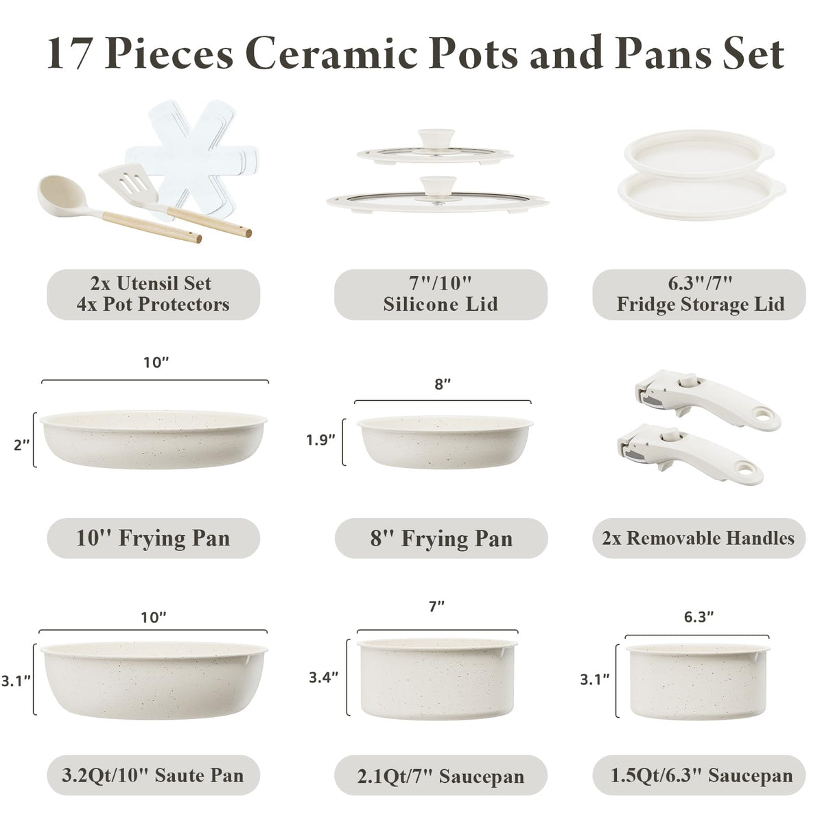 Bazova Ceramic Nonstick Cookware Set, Healthy,Non Toxic,17-Pieces Pots and Pans Set Removable Handles,Induction RV Kitchen Set,Stain & Scratch-resistant,Dishwasher/Oven Safe,PFAS/PFOA Free,Cream White bazova
