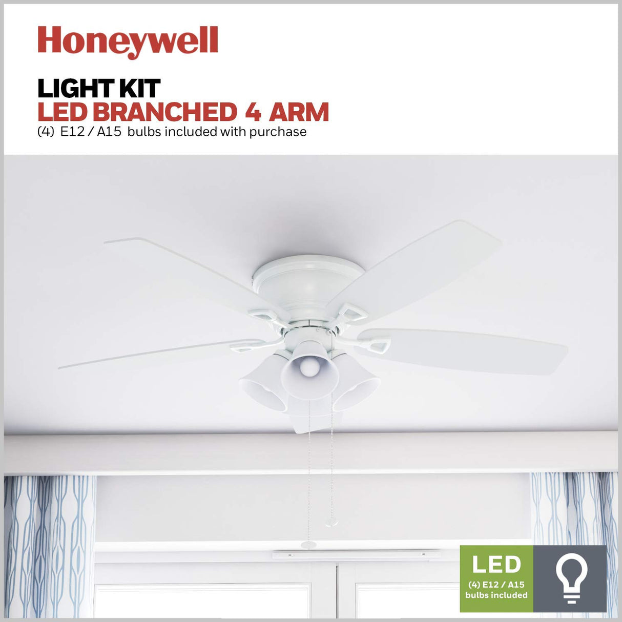Honeywell Ceiling Fans Glen Alden, 52 Inch Classic Flush Mount Indoor LED Ceiling Fan with Light, Pull Chain, Quick-2-Hang Dual Finish Blades, Reversible Motor - 50520-01 (White) Honeywell Ceiling Fans