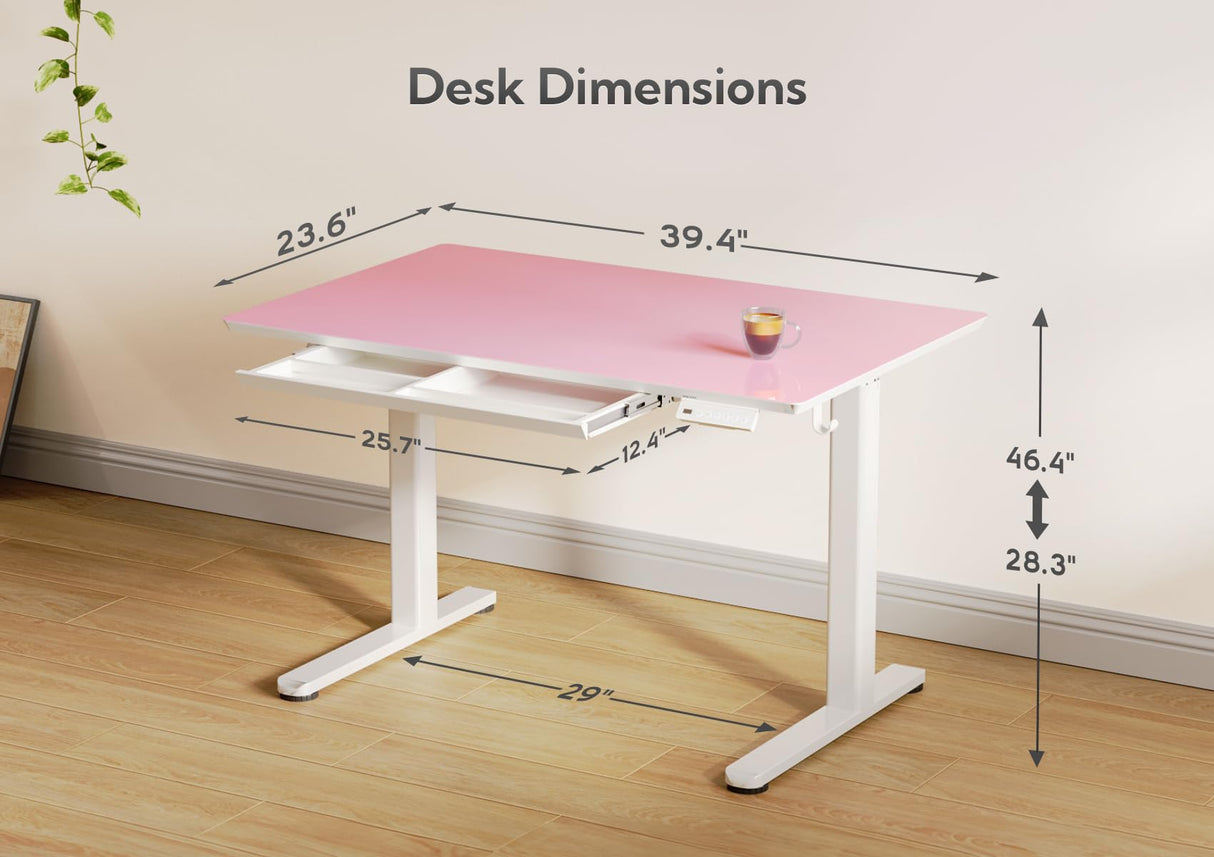 INNOVAR Glass Standing Desk with Drawers, Adjustable Height Electric Stand Up Desk, Small Standing Desk with Storage, 40 inch, Morandi Powder INNOVAR