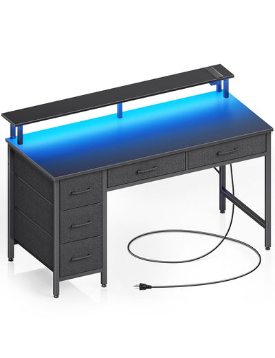 Seventable Computer Desk with Power Outlets & LED Light, 39 inch Home Office Desk with 5 Drawers, Writing Desk with Monitor Stand,Work Desk for Home Office, Black