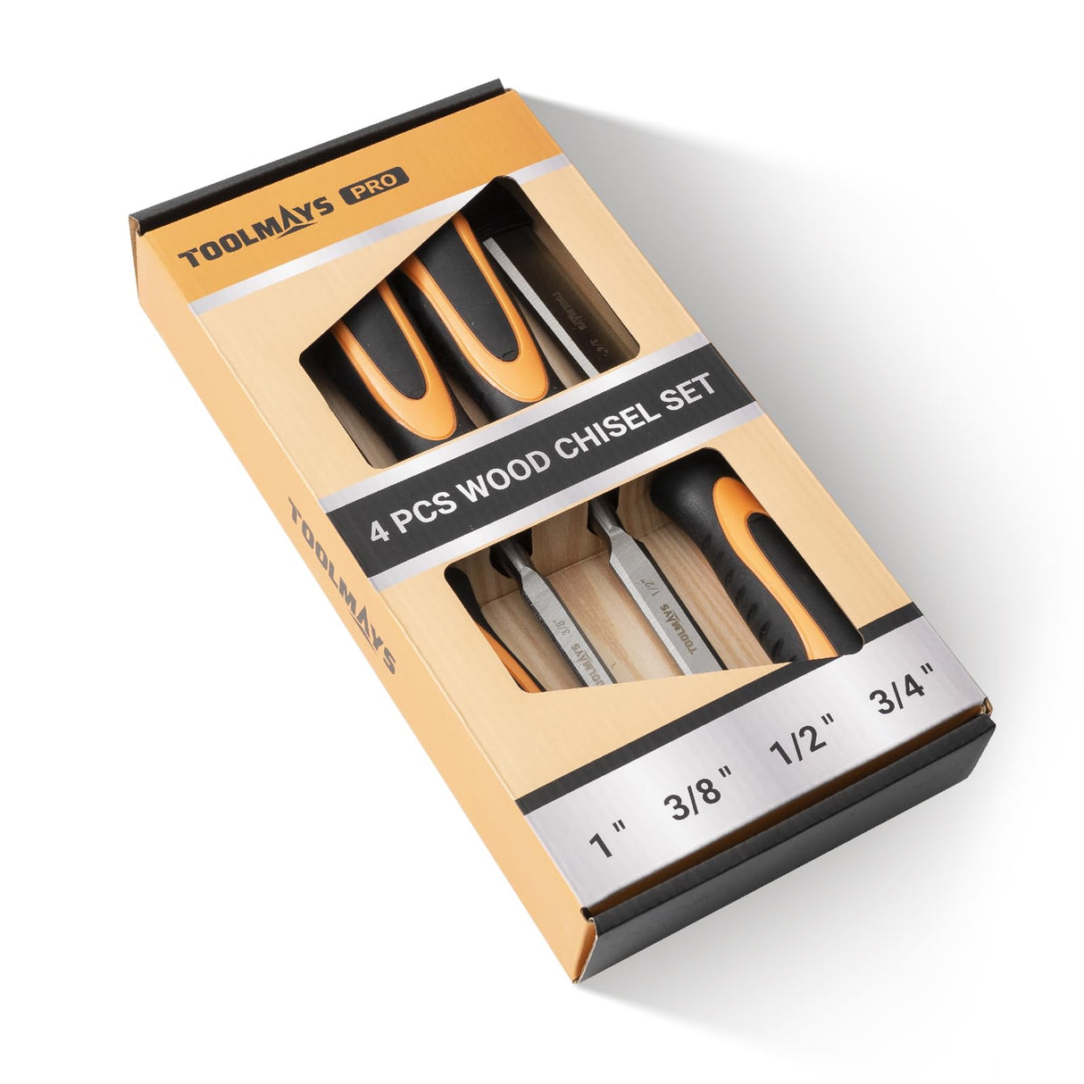4-Piece Wood Chisel Set, Carbon Steel Blades with Ergonomic Handle, 3/8" 1/2" 3/4" 1" for Woodworking, Durable Metal Strike Cap (5-inch Handle for Comfortable Grip) TOOLMAYS