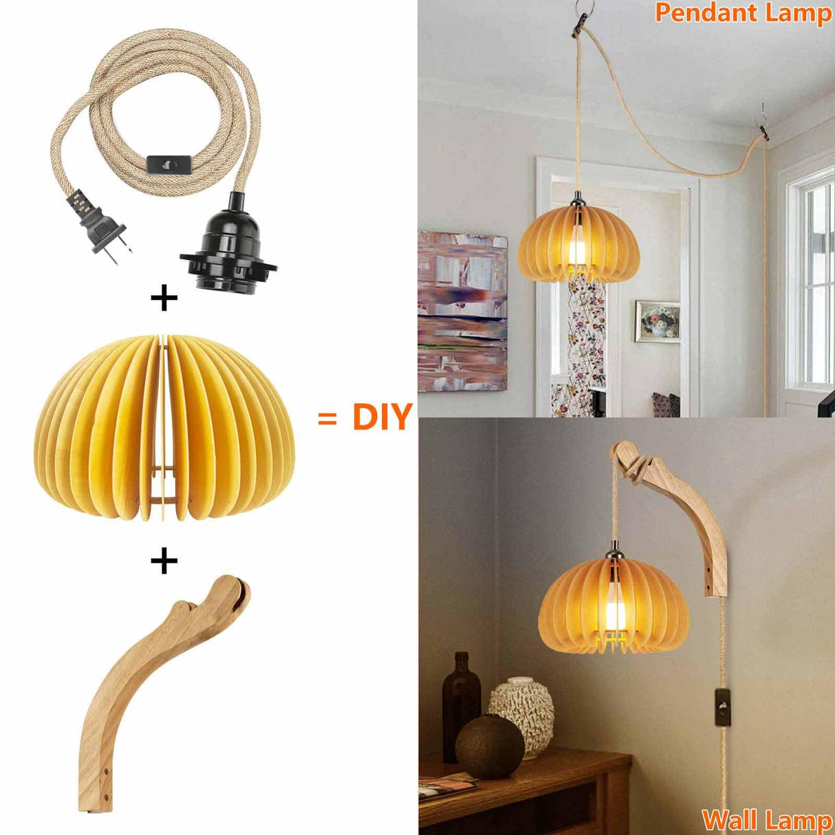 Wood Lantern Plug in Wall Sconces, Wicker Brackets Wall Lamp with Plug in Cord Hand Woven Rattan Bedside Reading Light, Wooden Globe Pumpkin Shade Hemp Rope Hanging Lamp for Living Room Bedroom ArcoMead