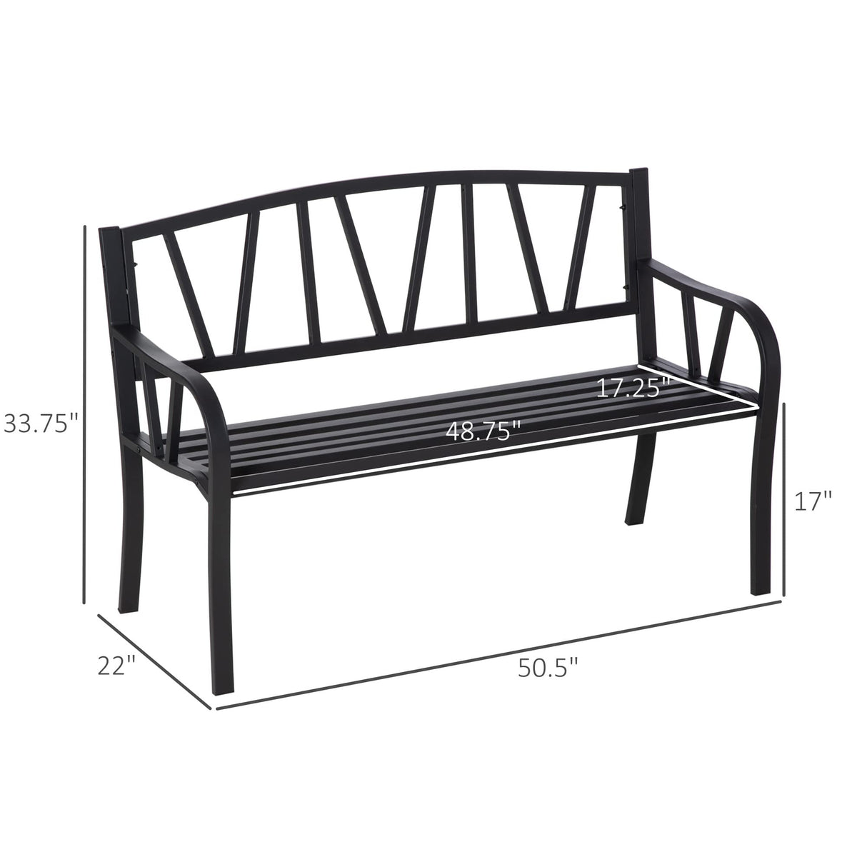 Outsunny 50" Outdoor Bench, Metal Garden Bench with V-Shaped Pattern Backrest, Porch Bench with Slatted Seat for Park, Yard, Lawn, Black Outsunny