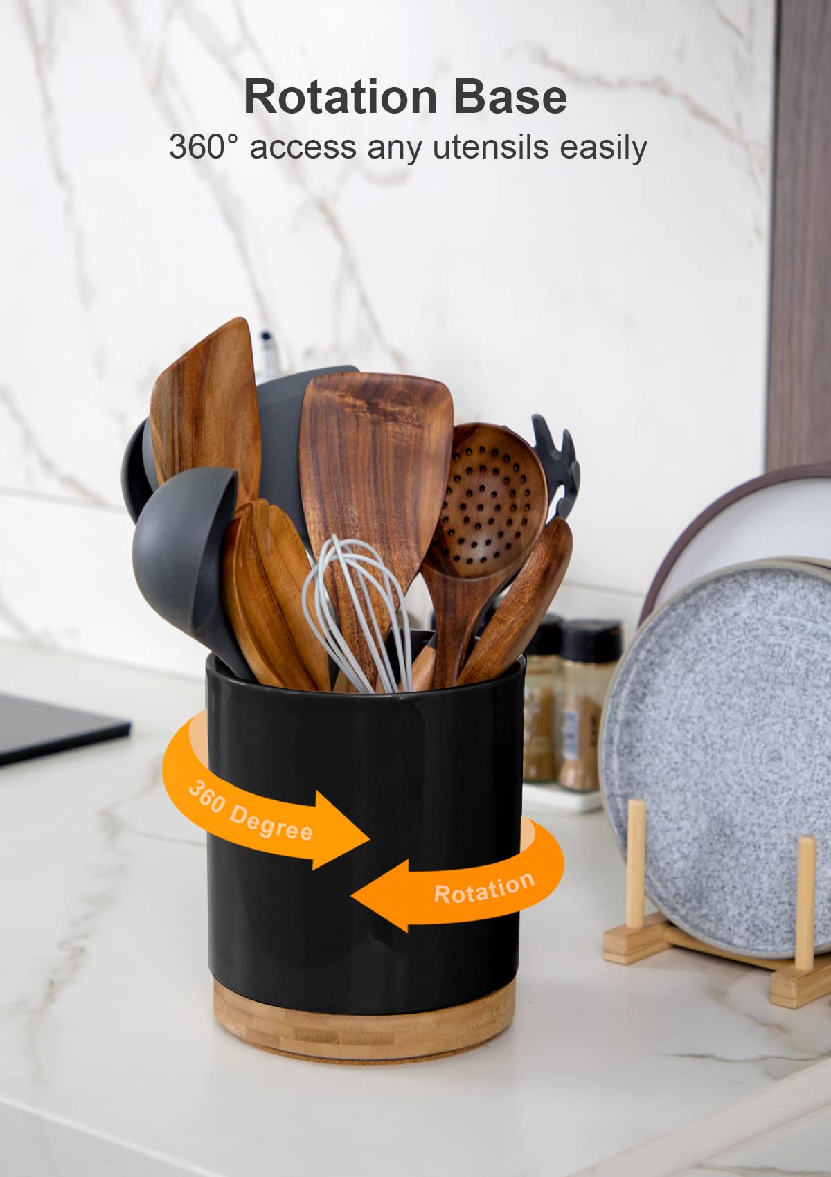 Nucookery 360° Rotating Utensil Holder, 7.2" Large Utensil Crock, White Ceramic Cooking Utensil Organizer with Countertop-Protection Cork Bottom for Farmhouse Kitchen Decor Gift (Black) Nucookery