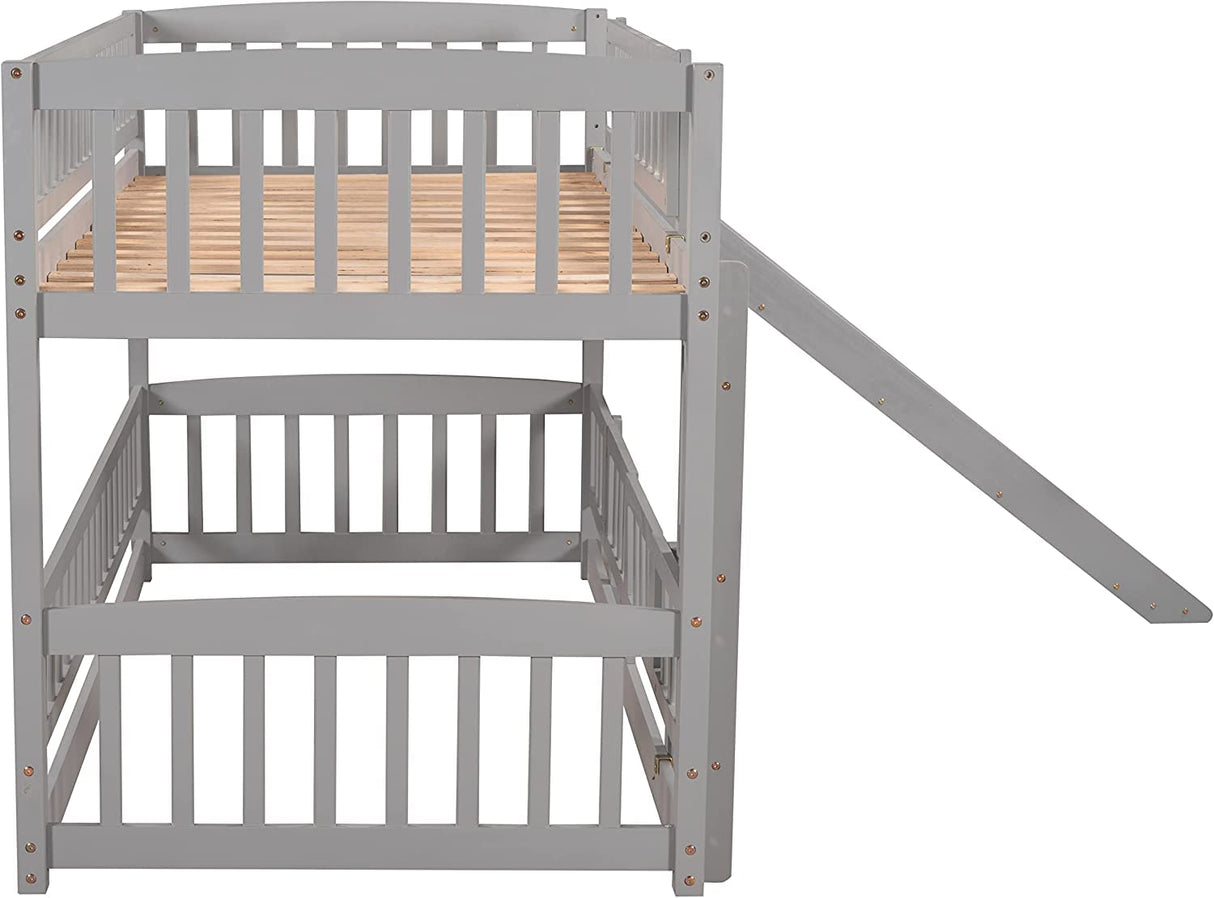 Harper & Bright Designs Low Bunk Beds Twin Over Twin, Kids Bunk Bed with Slide, Fence and Ladder, Wood Twin Bunk Beds for Girls Boys, Grey Harper & Bright Designs