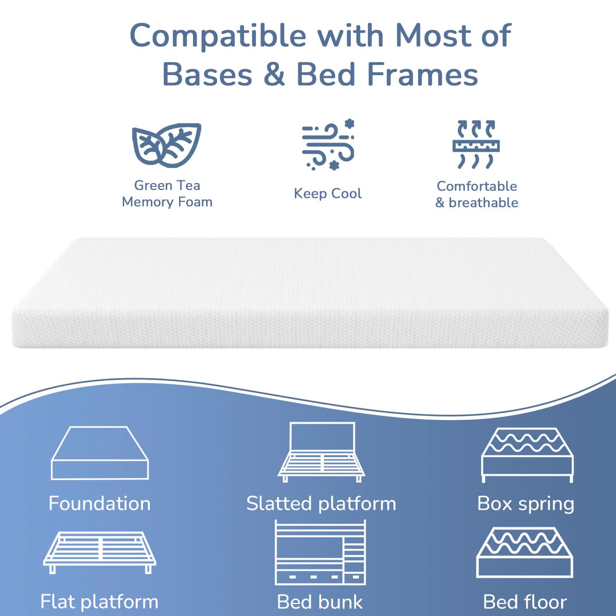 PayLessHere 5 Inch Full Green Tea Memory Foam Mattress Cooling Gel Infused Mattress,Medium Firm Mattresses Fiberglass Free/CertiPUR-US Certified/Bed-in-a-Box/Pressure Relieving Full Size,White PayLessHere