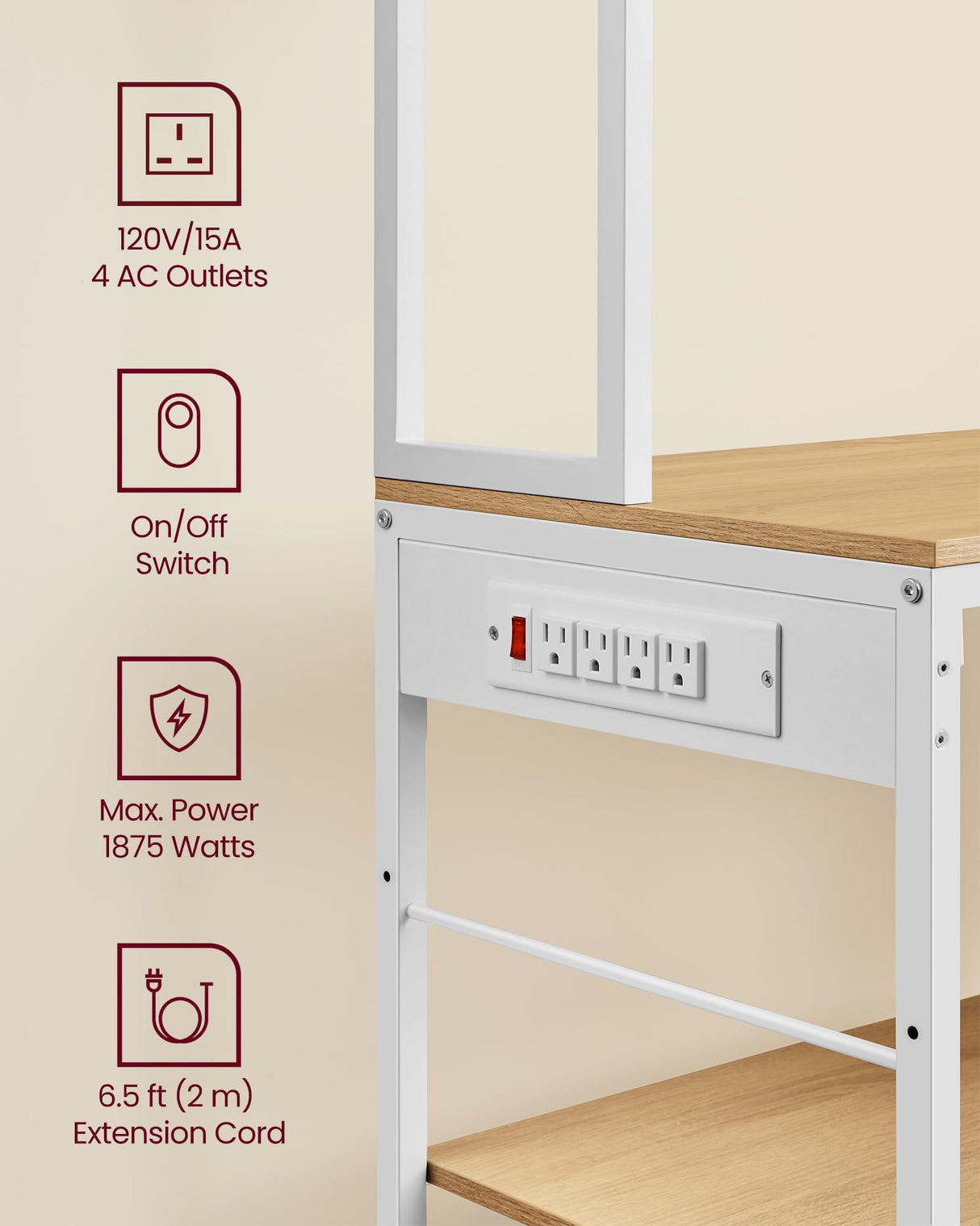VASAGLE Bakers Rack with Charging Station, Coffee Bar Stand with Adjustable Storage Shelves, Fabric Drawer, 12 Hooks, Table for Microwave, Kitchen, Gold Oak and Cloud White UKKS028Y09 VASAGLE