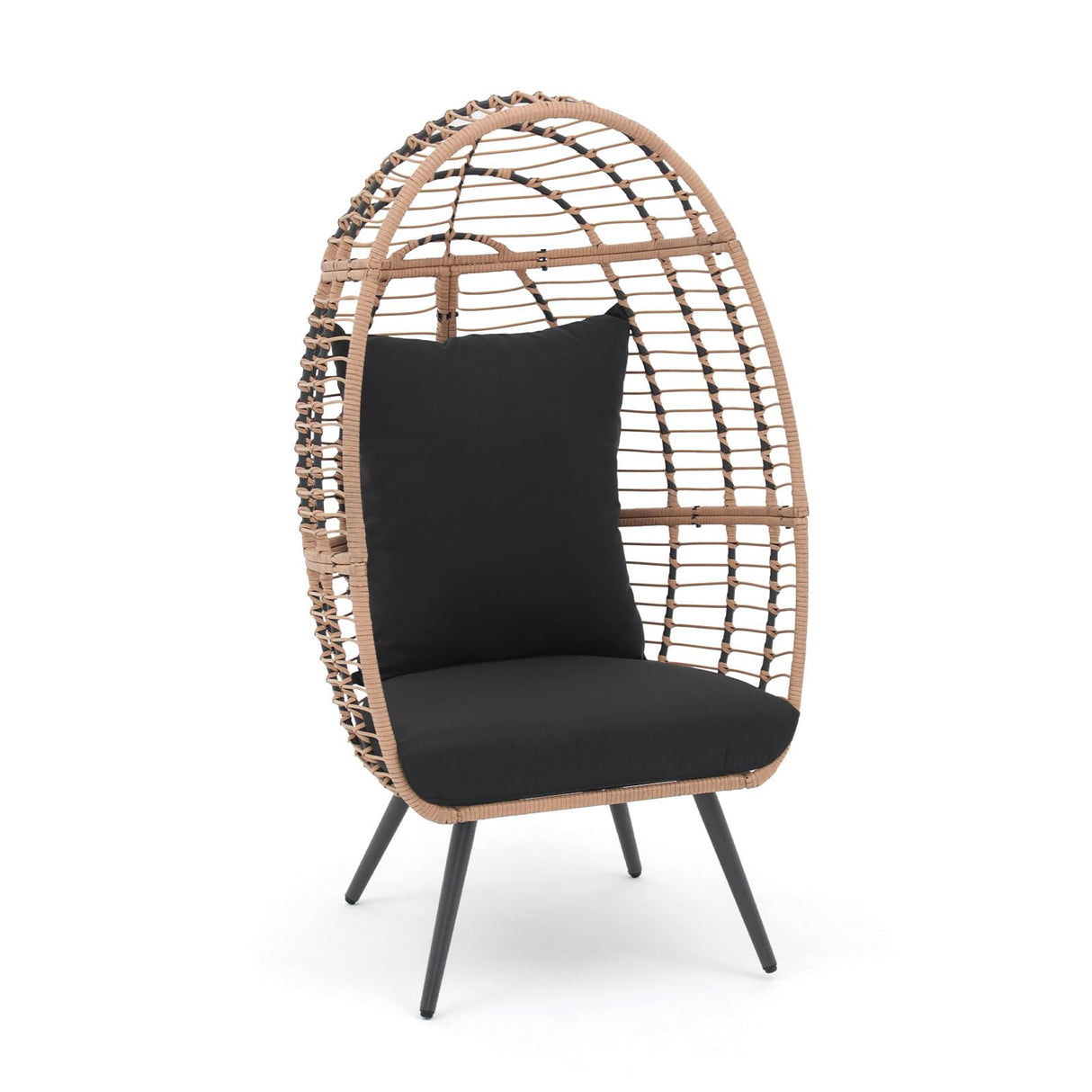 JOIVI Wicker Egg Chair, Outdoor Indoor Oversized Lounger Large Egg Basket Chair with Stand and Cushions for Patio Porch, Backyard, Living Room, Balcony (Beige Rattan, Black Cushion) JOIVI