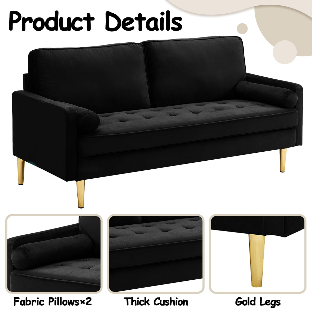 Thctvous 65" Loveseat Sofa with 2 Pillows, Comfy Love Seat Cuches with Gold Legs,Velvet Small Couchs for Living Room Bedroom Office Apartment,Mid Century Modern Couch (Black) Thctvous