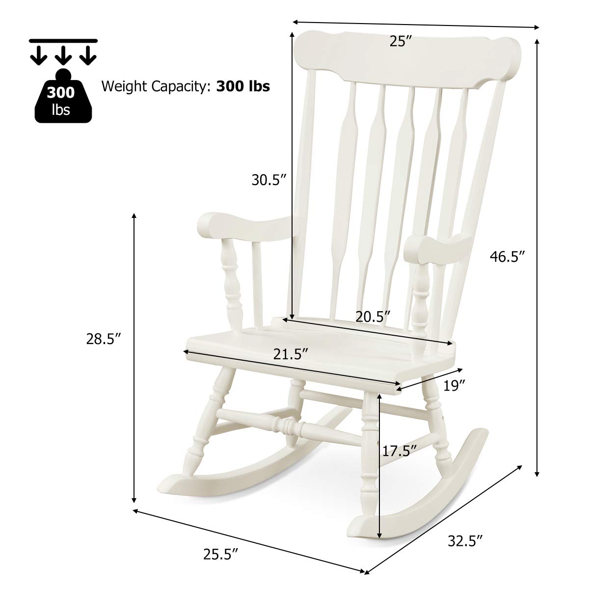 Giantex Outdoor Wood Rocking Chair - Patio Rocking Chair with Solid Rubber Wood Frame, Slat Back, Outside & Indoor Rocker for Garden, Poolside, Balcony, Backyard, Lawn, Front Porch Rocker, White Giantex