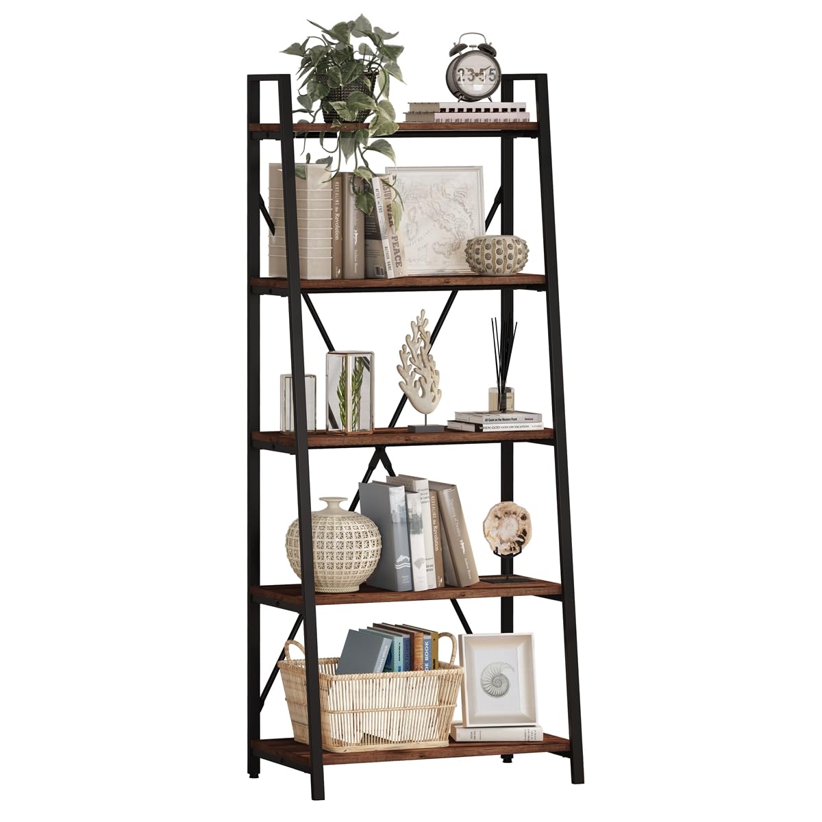 BON AUGURE Rustic Oak 5-Tier Industrial Ladder Shelf Bookcase BON AUGURE