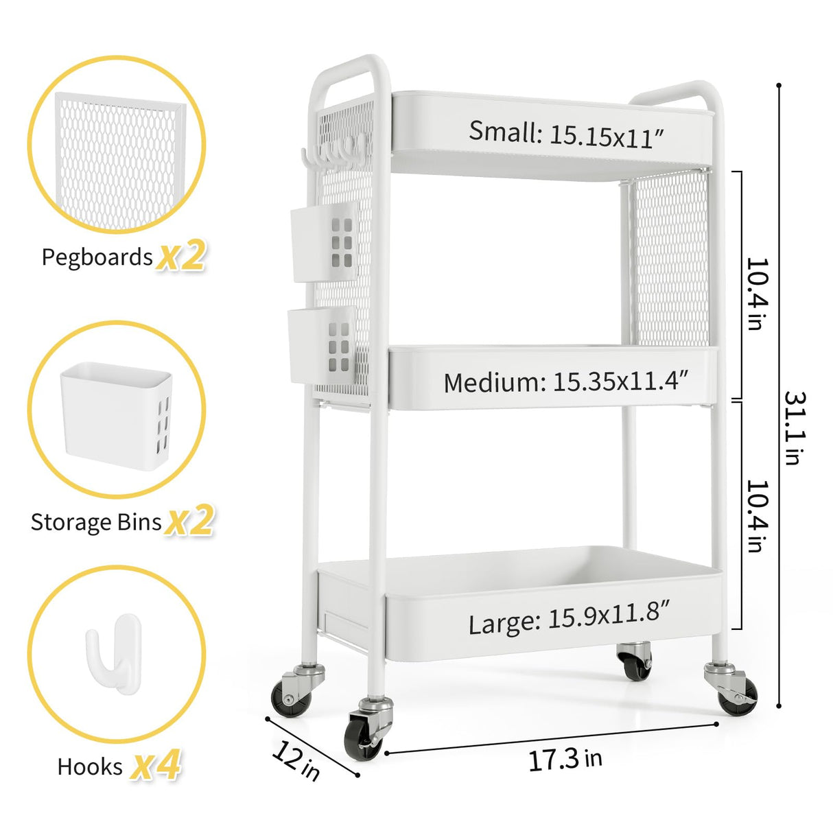 TOOLF 3 Tier Rolling Cart Storage Organizer, Metal Rolling Utility Cart with Wheels, Hooks & Bins Esthetician Craft Art Sturdy Storage with Pegboard for Bathroom, Kitchen, Office, Nursery Diaper TOOLF