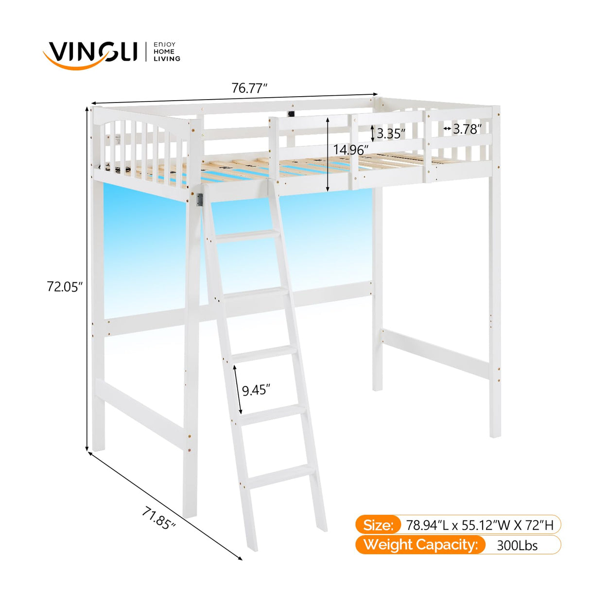 VINGLI Full Loft Bed with USB Charging Station/LED, Solid Wood Double Loft Bunk Bed with Flat Rungs for Kids/Teens/Adults, 15 inches High Guardrail,Wood Slat Support No Box Spring Needed, White VINGLI