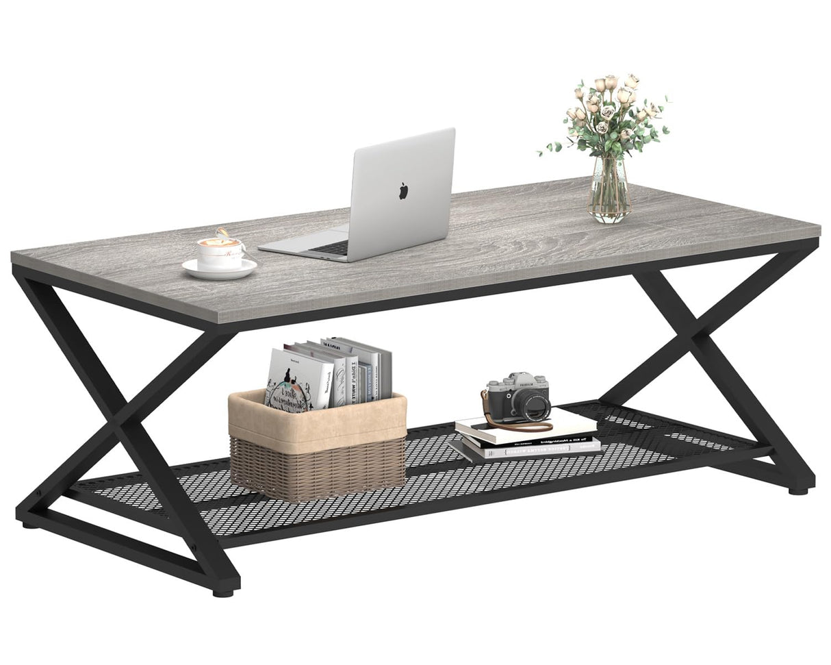 LVB Gray Coffee Table, Farmhouse Wood Metal Center Table with Storage for Living Room, Industrial Wooden 2 Tier Rectangle Cocktail Tea Table with Mesh Shelf for Office Bedroom, 47 inch, Light Grey Oak LVB