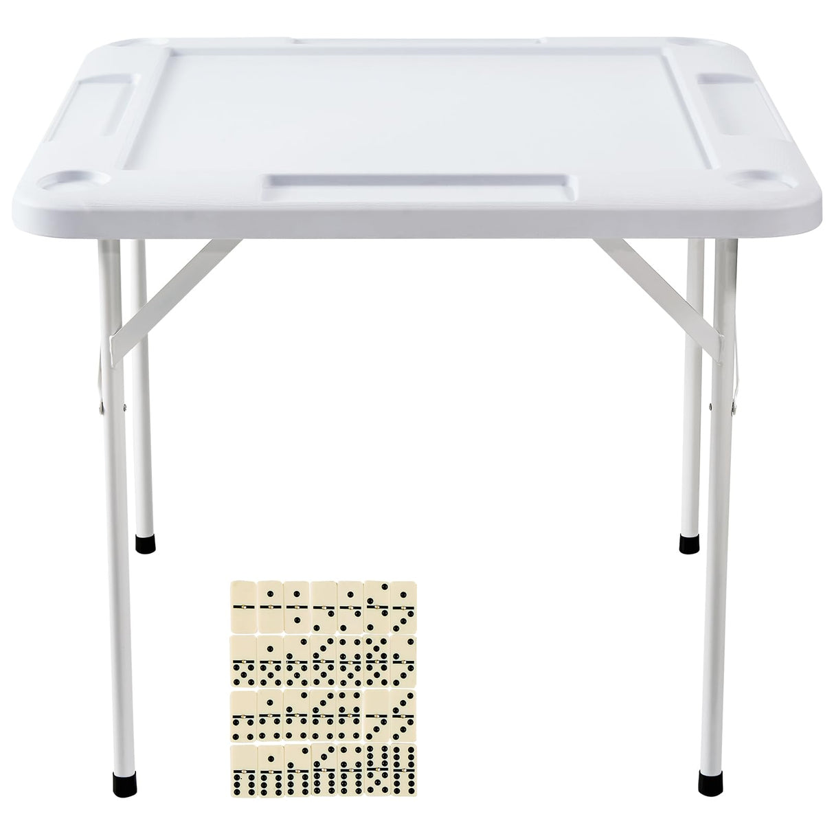 VEVOR Mahjong Table, Square 4 Player Folding Card Table with 4 Cup Holders & 4 Chip Trays, Portable Domino Game Table with 1 Set of Dominoes for Mahjong Poker Puzzles, 35.4 x 35.4-inch, White VEVOR