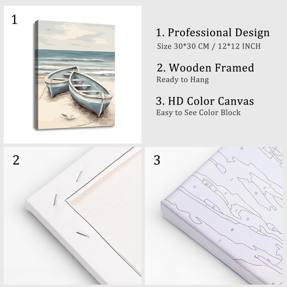 Natuyalo Paint by Numbers Kit with Framed - Boat on Beach Paint by Numbers for Adults Beginner Seascape DIY Acrylic Painting by Numbers Kit Colorful Paintworks Artwork, 12x16 Inch Natuyalo