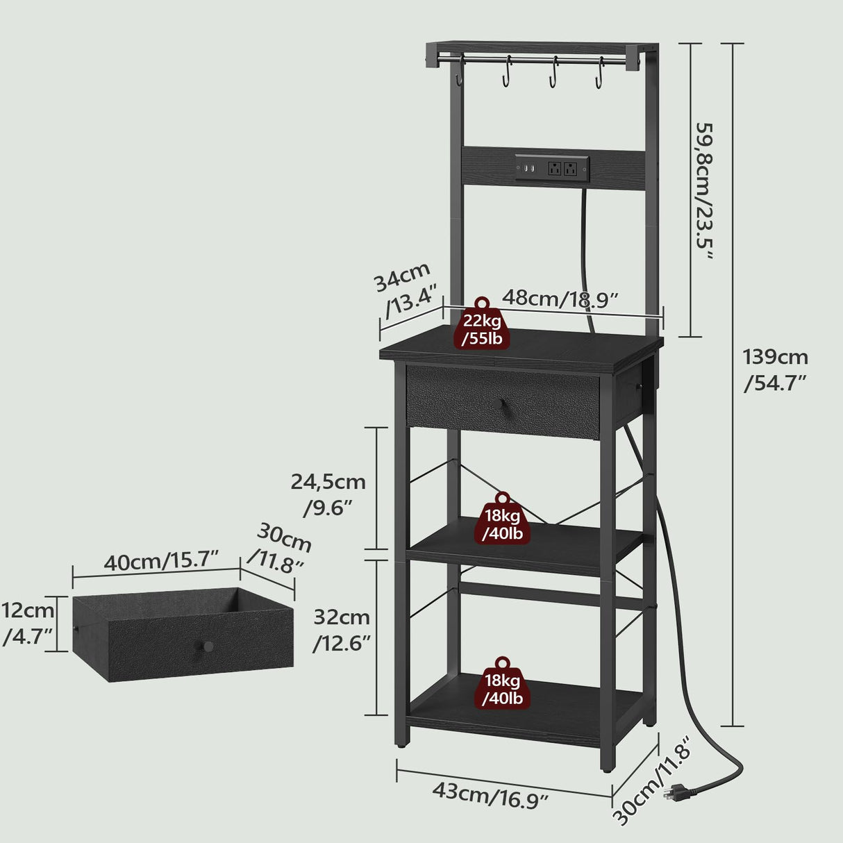 MAHANCRIS Bakers Rack with Drawer, Microwave Stand with Power Outlet, Coffee Bar Station with 4 Hooks, Kitchen Storage Shelf Rack 4 Tiers, for Kitchen, Dining Room, Black BRBK48E01 MAHANCRIS