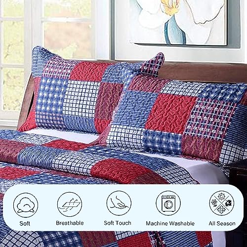 Hailea Red Blue Plaid Quilt Set Twin Size Country Patchwork Bedding Lightweight Reversible Bedspread Coverlet with Sham Soft All Season Bed Cover Set, 1 Quilt 2 Pillow Shams Hailea